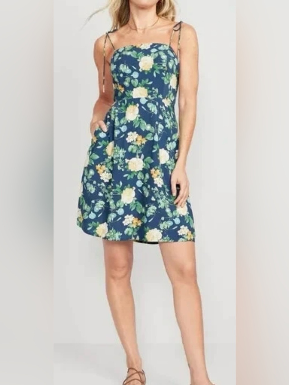 Fit & Flare Tie-Strap Mini Dress Navy Floral Women Sz S Rayon